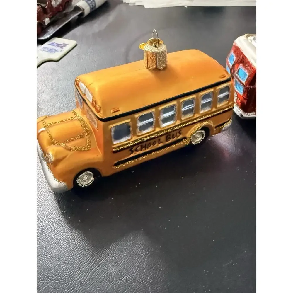 Old World Christmas Glass Ornaments School Bus Fire Truck Ambulance Double Bus